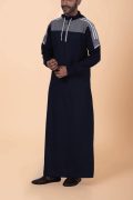 Men wearing navy blue hooded thobe with grey panel, white stripe design and zip front hood