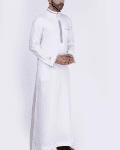 White thobe with beige floral embroidery strip and band collar for men