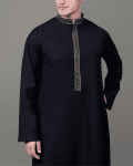 upper body view of jet black thobe with gold geometric embroidered placket and collar