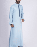 Light blue thobe with navy geometric embroidery strip and band collar for men
