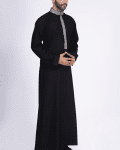 Black thobe with grey geometric embroidery strip and band collar for men