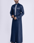 Navy blue thobe with white geometric embroidery strip and band collar for men