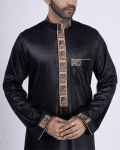 Coffee brown thobe with gold Kufic embroidery strip and band collar for men