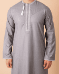 Light grey Omani thobe with white geometric embroidery and tassel for men