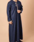 Navy blue Omani thobe with white geometric embroidery and tassel for men