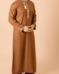 Coffee brown Omani thobe with beige geometric embroidery and tassel for men