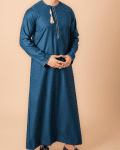 Teal blue Omani thobe with white geometric embroidery and tassel for men