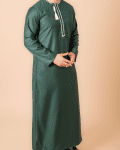 Dark green Omani thobe with white geometric embroidery and tassel for men