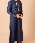 Navy blue Omani thobe with gold geometric embroidery and tassel for men