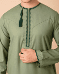 Light olive green Omani thobe with dark green geometric embroidery and tassel for men