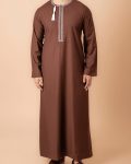 Coffee brown Omani thobe with white geometric embroidery and tassel for men