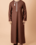 Coffee brown Omani thobe with white geometric embroidery and tassel for men
