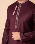 Maroon Omani thobe with white geometric embroidery and tassel for men