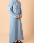 Light sky blue Omani thobe with white loop embroidery and tassel for men
