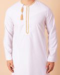 White Omani thobe with golden embroidery and tassel for men