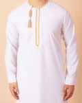 White Omani thobe with golden embroidery and tassel for men