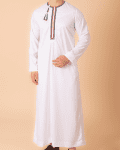 White Omani thobe with green red black embroidery and tassel for men
