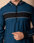 Men wearing teal blue hooded thobe with black chest panel, white stripe design and zip front neckline
