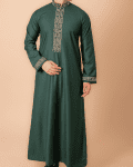 angled full length view of emerald green thobe with gold floral embroidery details