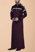 Men wearing maroon hooded thobe with navy blue panel, grey stripe design and zip front neckline