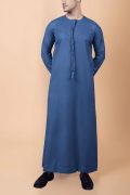 Steel blue Emirati thobe with tassel and subtle blue chest embroidery