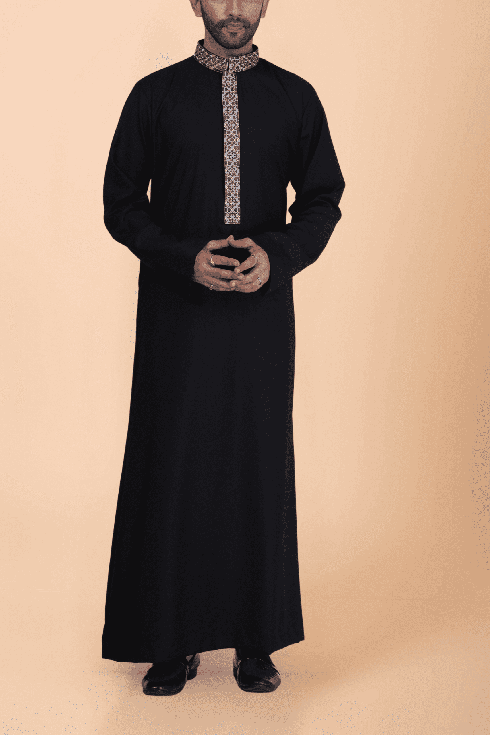 Black thobe with grey geometric embroidery strip and band collar for men