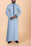 Light blue thobe with navy geometric embroidery strip and band collar for men