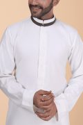 Off-white thobe with tonal embroidery strip and contrast band collar for men
