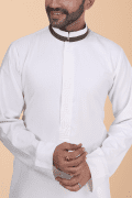 Off-white thobe with tonal embroidery strip and contrast band collar for men