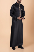 Black Designer Thobe with Gold Geometric Embroidery for Men