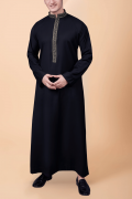 jet black thobe with gold geometric embroidered placket and collar