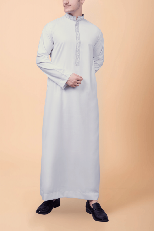 pure white thobe with silver geometric embroidered placket and collar