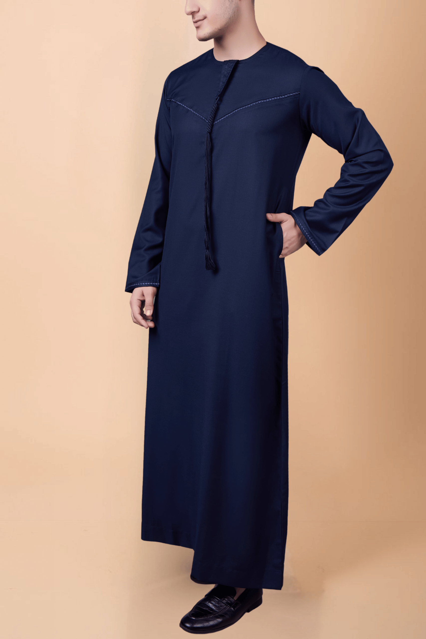 navy blue emirati thobe with tassel minimal stitch embroidery