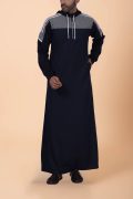 Men wearing navy blue hooded thobe with grey panel, white stripe design and zip front hood