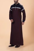 Men wearing maroon hooded thobe with navy blue panel, grey stripe design and zip front neckline