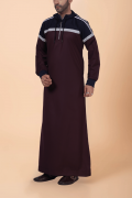 Men wearing maroon hooded thobe with navy blue panel, grey stripe design and zip front neckline