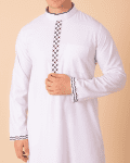 Men’s classic white thobe with black lattice embroidery strip and contrast cuff trim front view