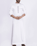 White thobe with beige floral embroidery strip and band collar for men