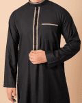 Elegant black men’s thobe with gold contrast trim accents