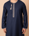 Navy Blue Omani Thobe with White Geometric Embroidery & Tassel - Image 5