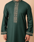 upper body view of emerald green thobe with gold floral embroidered placket and collar