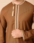 Coffee Brown Omani Thobe with Beige Geometric Embroidery & Tassel - Image 5