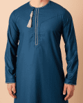 Teal blue Omani thobe with white geometric embroidery and tassel for men