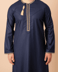 Navy Blue Omani Thobe with Gold Geometric Embroidery & Tassel - Image 2