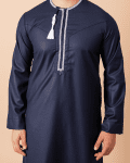 Navy Blue Omani Thobe with White Embroidered Placket & Tassel - Image 5