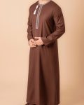 Coffee brown Omani thobe with white geometric embroidery and tassel for men