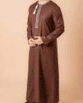 Coffee brown Omani thobe with white geometric embroidery and tassel for men