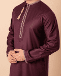Maroon Omani Thobe with White Geometric Embroidery & Tassel - Image 5