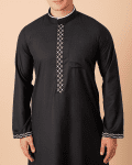Elegant black men’s thobe with white geometric embroidery
