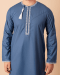 Steel Blue Omani Thobe with White Loop Embroidery & Tassel - Image 5